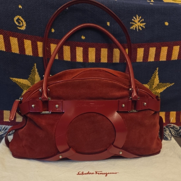 Salvatore Ferragamo Handbags - Salvatore Ferragamo Red Suede & Calf Leather Shoulder Bag with Structured Design